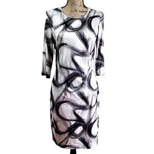 APANAGE Womens Satin Sheath Dress Sz 8 White Black Abstract Circles 3/4 Sleeve
